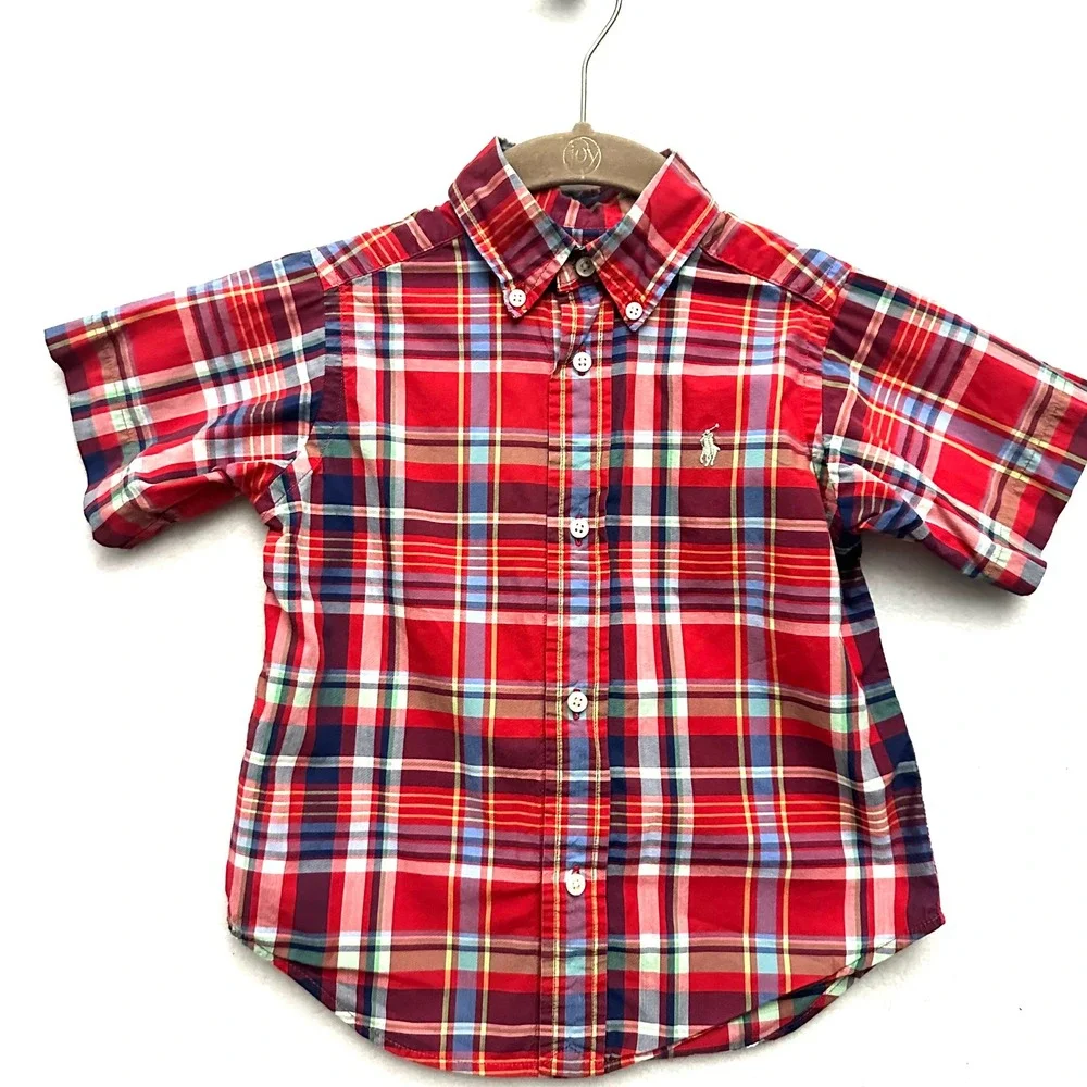 Ralph Lauren 2T Toddler Boys Red Plaid Short Sleeve Button Down Shirt Preppy